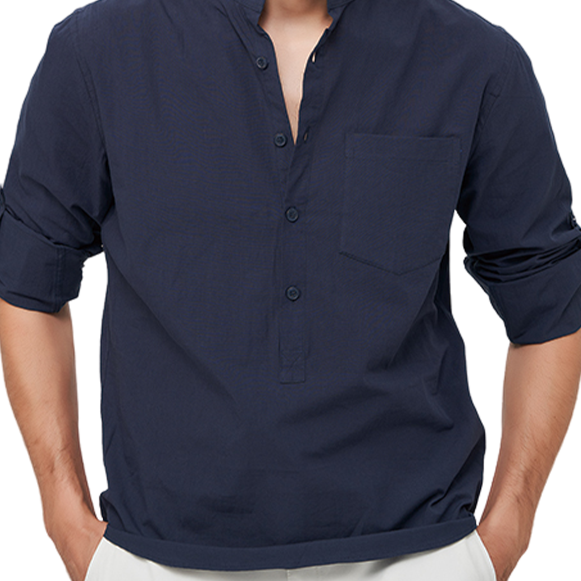 Camisa de manga larga con bolsillo de algodón de color sólido informal con cuello Henley para hombre