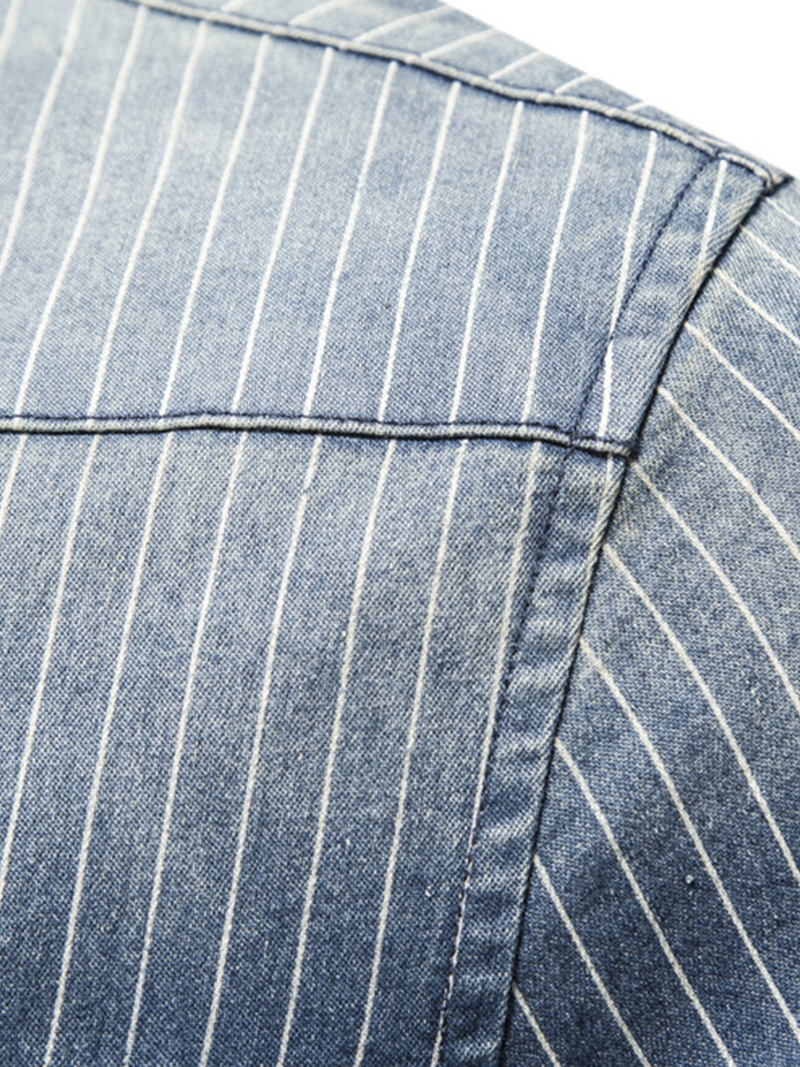 Men's Denim Striped Pocket Vintage Cotton Long Sleeve Shirt