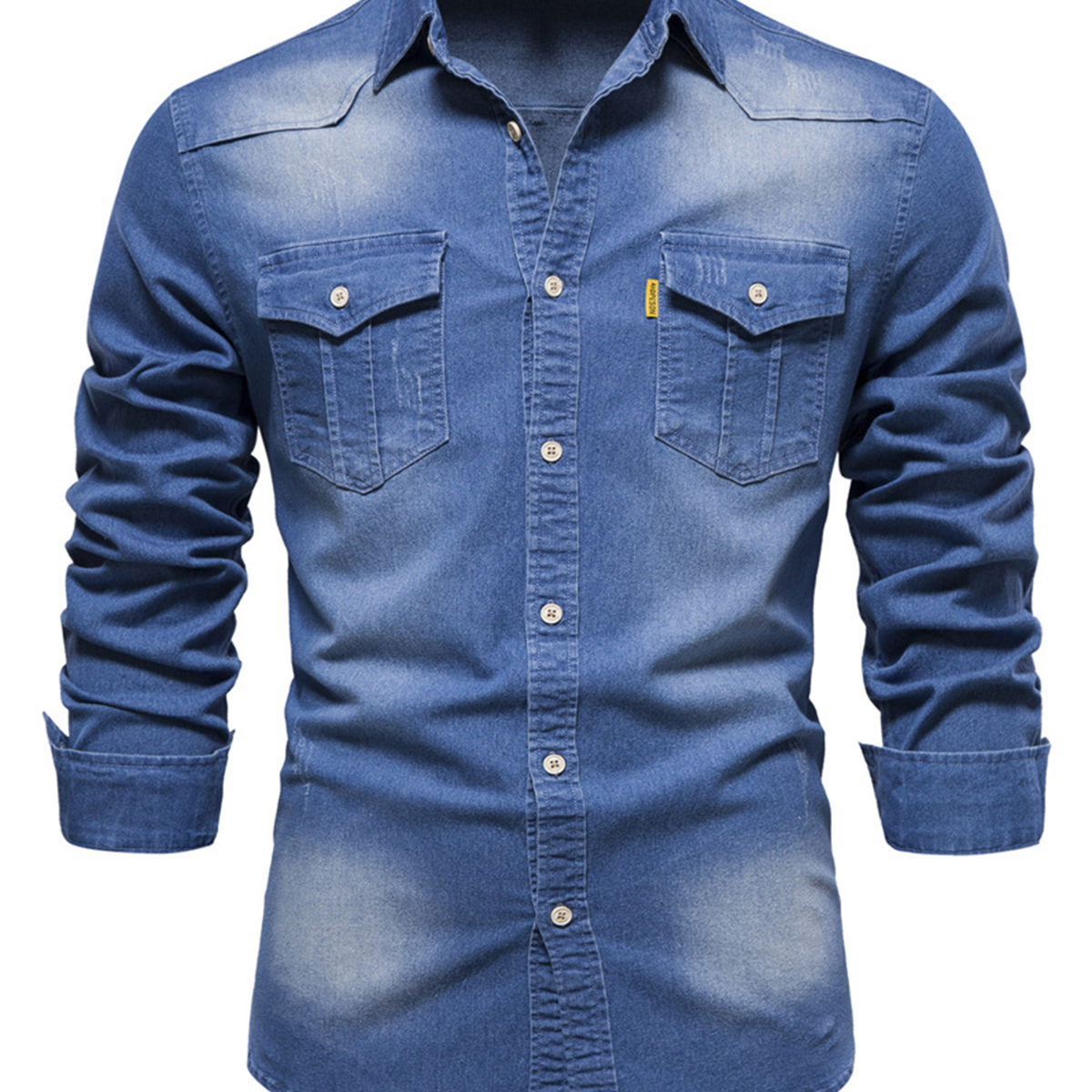 Camisa casual de manga larga de algodón vintage de color sólido con bolsillo de mezclilla para hombre