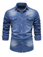 Men's Denim Pocket Solid Color Vintage Cotton Casual Long Sleeve Shirt