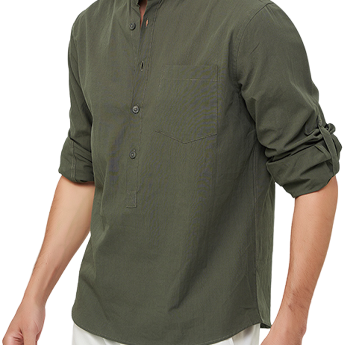 Men's Henley Collar Casual Solid Color Cotton Pocket Long Sleeve Shirt