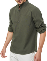 Men's Henley Collar Casual Solid Color Cotton Pocket Long Sleeve Shirt