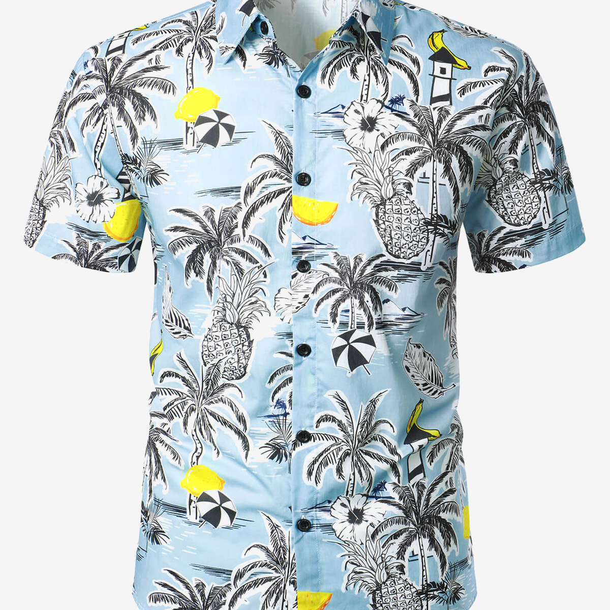 Camisa hawaiana azul claro de manga corta con botones tropicales y frutas de algodón y piña para hombre