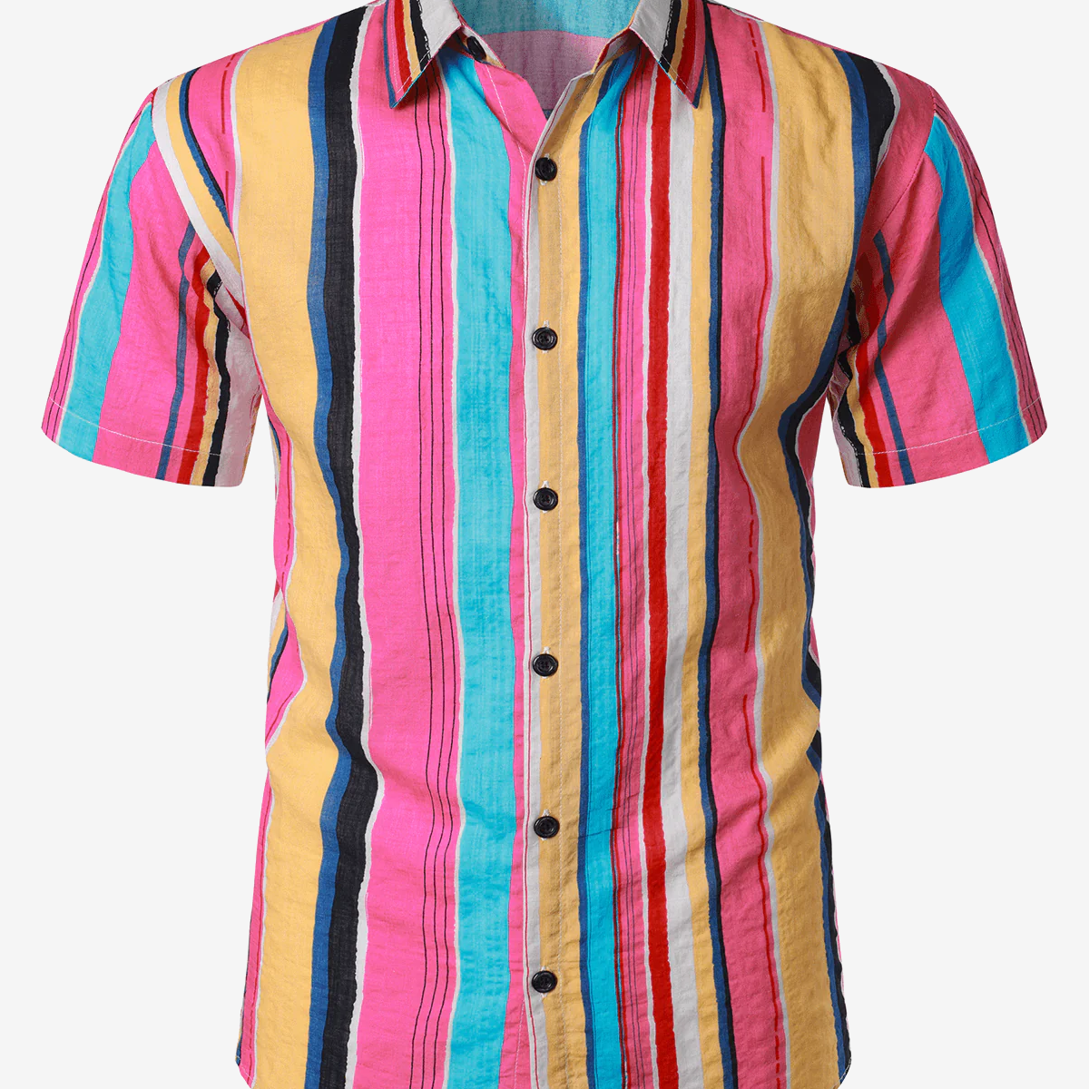 Camisa de manga corta de playa de verano con botones a rayas de arcoíris rosa para hombre