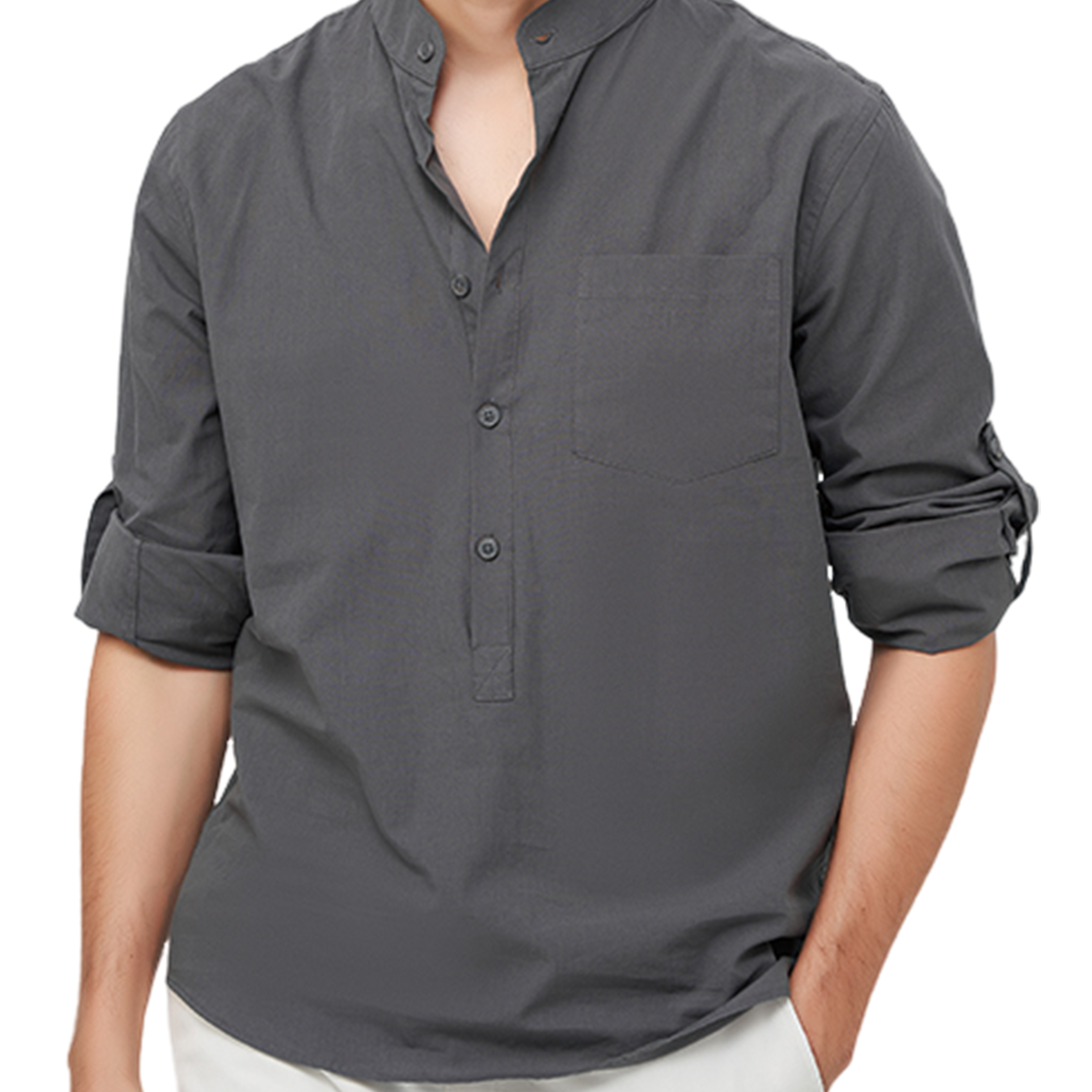 Camisa de manga larga con bolsillo de algodón de color sólido informal con cuello Henley para hombre