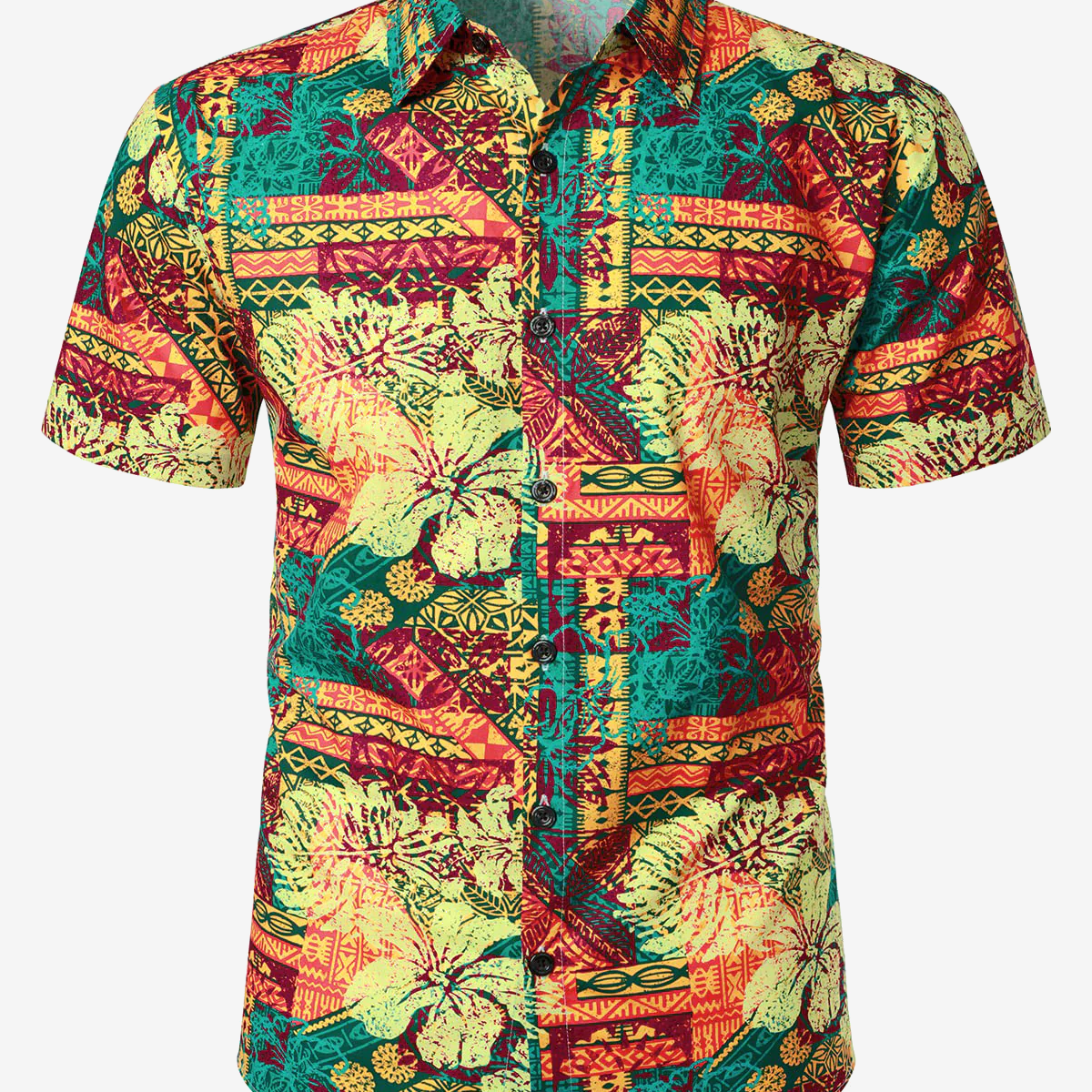 Camisa de manga corta con botones y estampado floral de hibisco de algodón hawaiano vintage para hombre