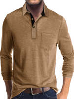 Men's Solid Color Pocket  Lapel Casual Polo Long Sleeve Shirt