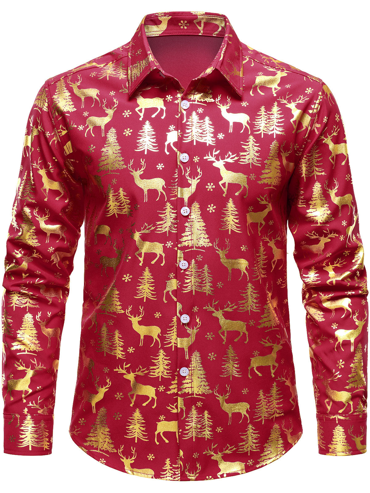Men's Golden Christmas Reindeer Festive Print Red Long Sleeve Shirt