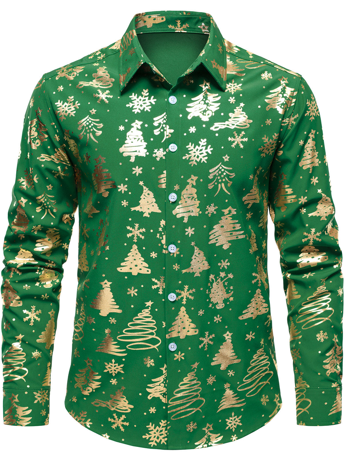 Men's Gold Christmas Print Regular Fit Green Long Sleeve Shirt