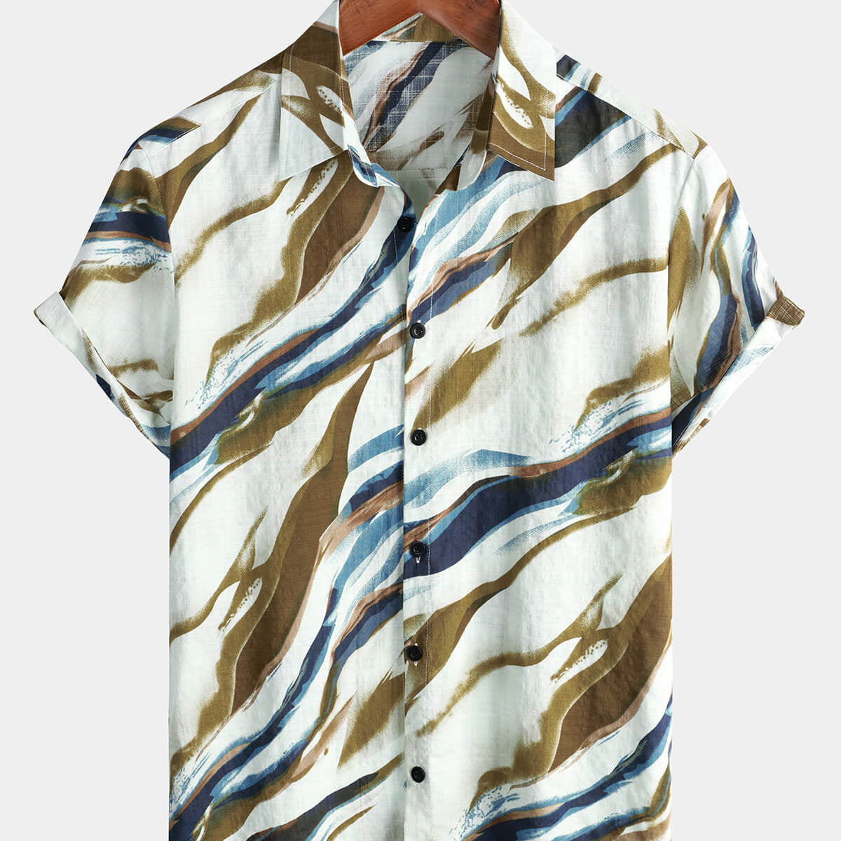 Camisa con botones de manga corta de verano de algodón con estampado gráfico abstracto para hombre