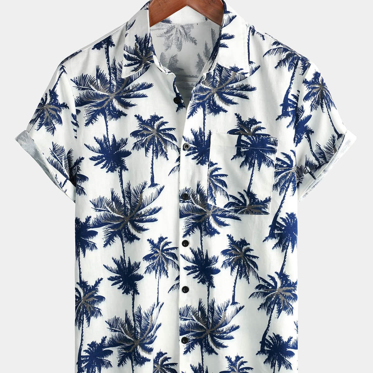 Camisa de manga corta de verano para vacaciones en la playa con estampado de palmeras hawaianas blancas de lino y algodón para hombre