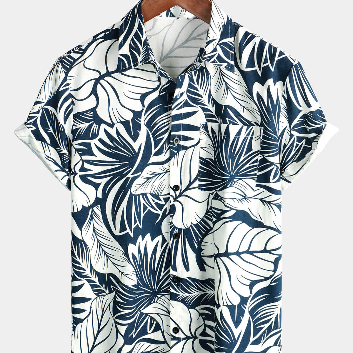 Camisa hawaiana de manga corta de lino y algodón con bolsillo y estampado de plantas tropicales para hombre