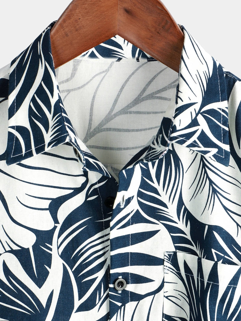 Men's Tropical Plant Print Pocket Cotton Linen Hawaiian Short Sleeve Shirt