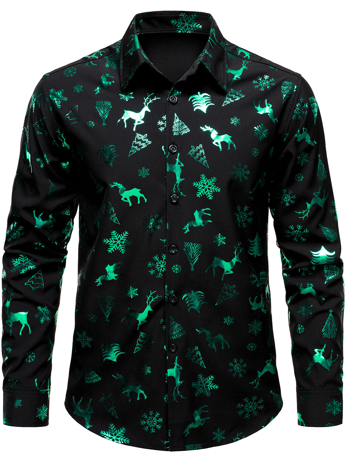 Men's Christmas Party Glittery Green Reindeer Snowflake Print Long Sleeve Button Down Shirt