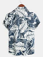 Men's Tropical Plant Print Pocket Cotton Linen Hawaiian Short Sleeve Shirt