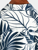 Men's Tropical Plant Print Pocket Cotton Linen Hawaiian Short Sleeve Shirt