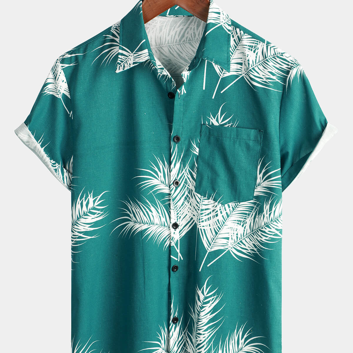 Camisa hawaiana de manga corta con bolsillo y estampado de plantas tropicales de lino y algodón para vacaciones en la playa para hombre