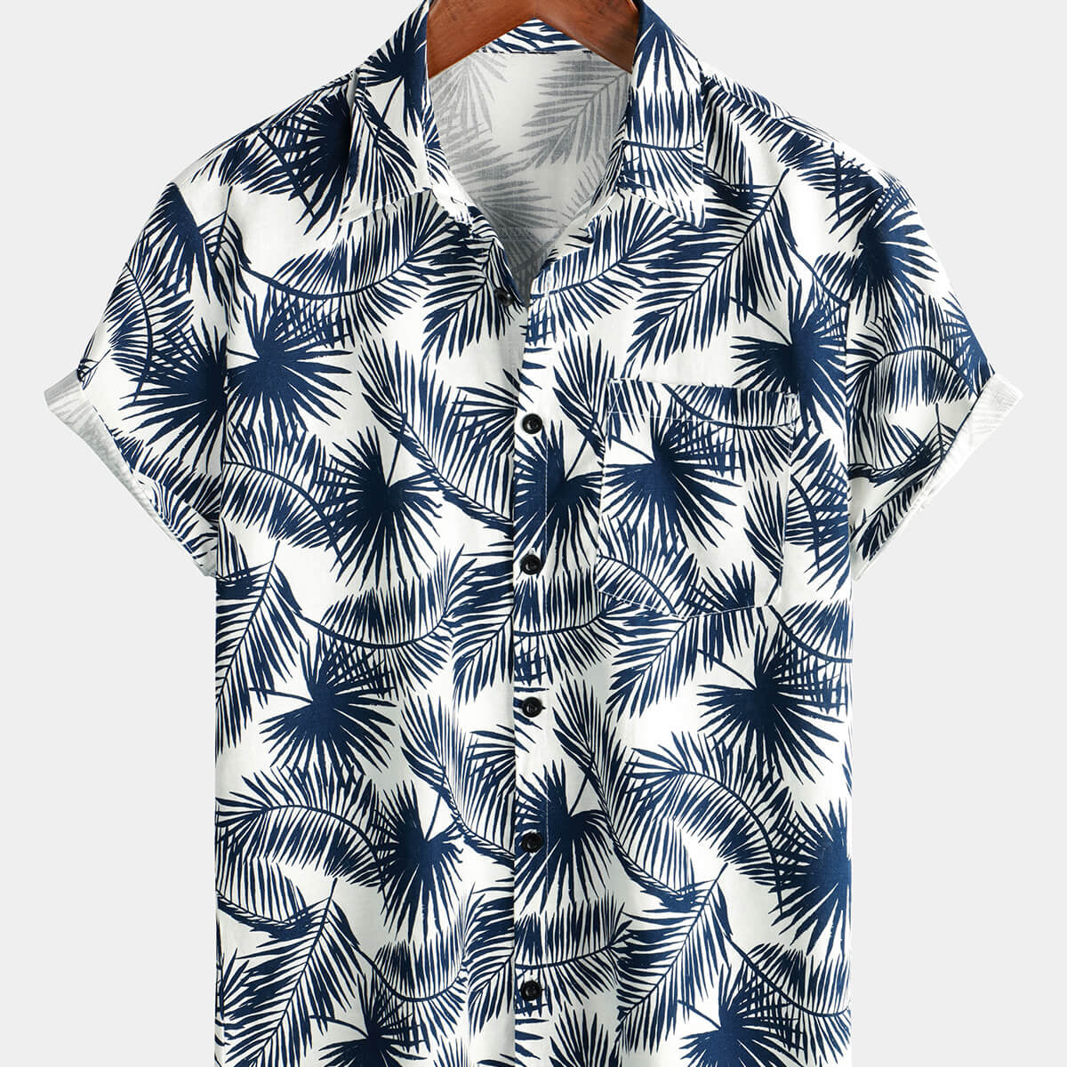 Camisa de manga corta de verano con bolsillo y estampado de plantas tropicales hawaianas de algodón y lino de verano para hombre