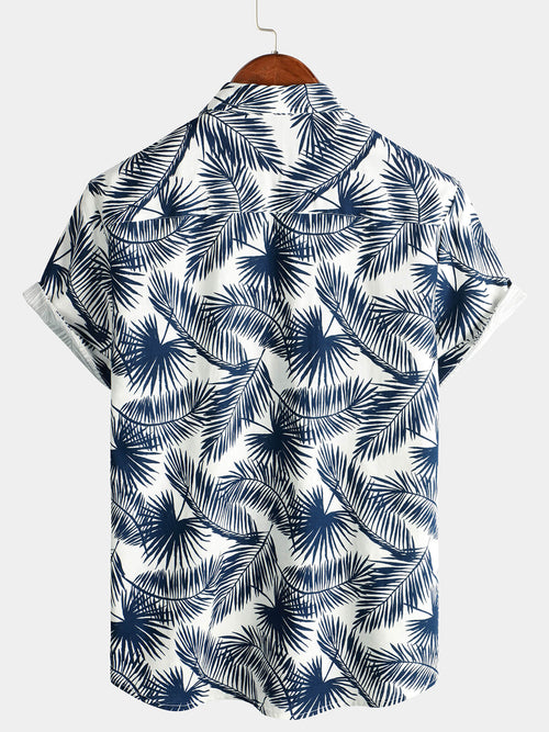 Men's Summer Cotton And Linen Hawaiian Tropical Plant Print Pocket Summer Short Sleeve Shirt