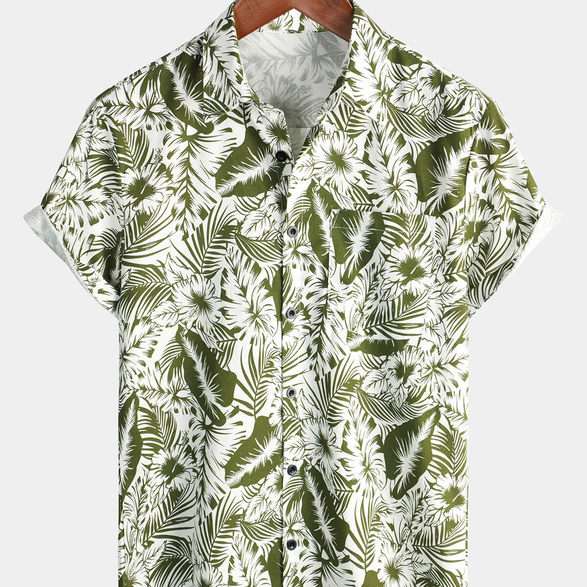 Camisa de manga corta de verano de algodón y lino con bolsillo de playa y estampado floral tropical para hombre