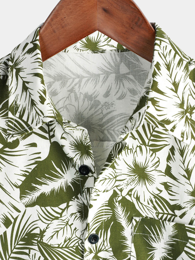 Men's Tropical Floral Print Beach Pocket Cotton And Linen Summer Short Sleeve Shirt