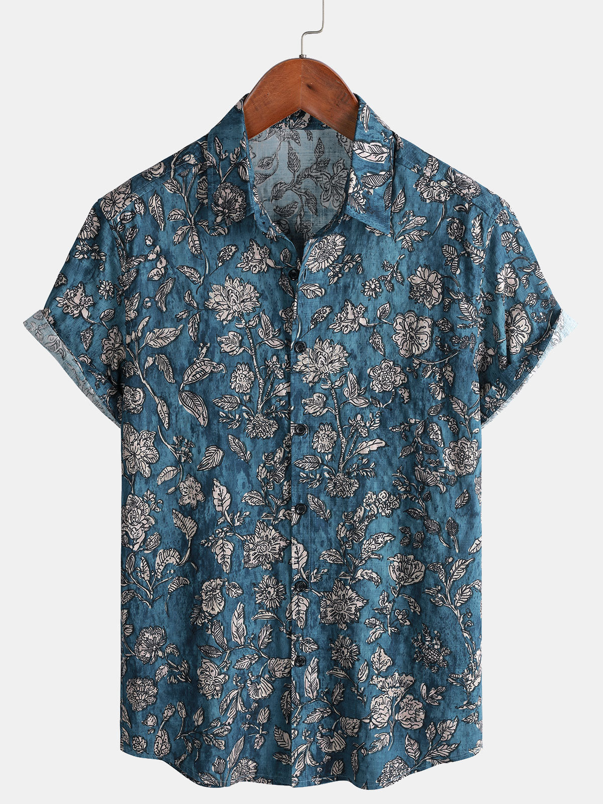 Men's Blue Retro Botanical Print Vacation Short Sleeve Shirt