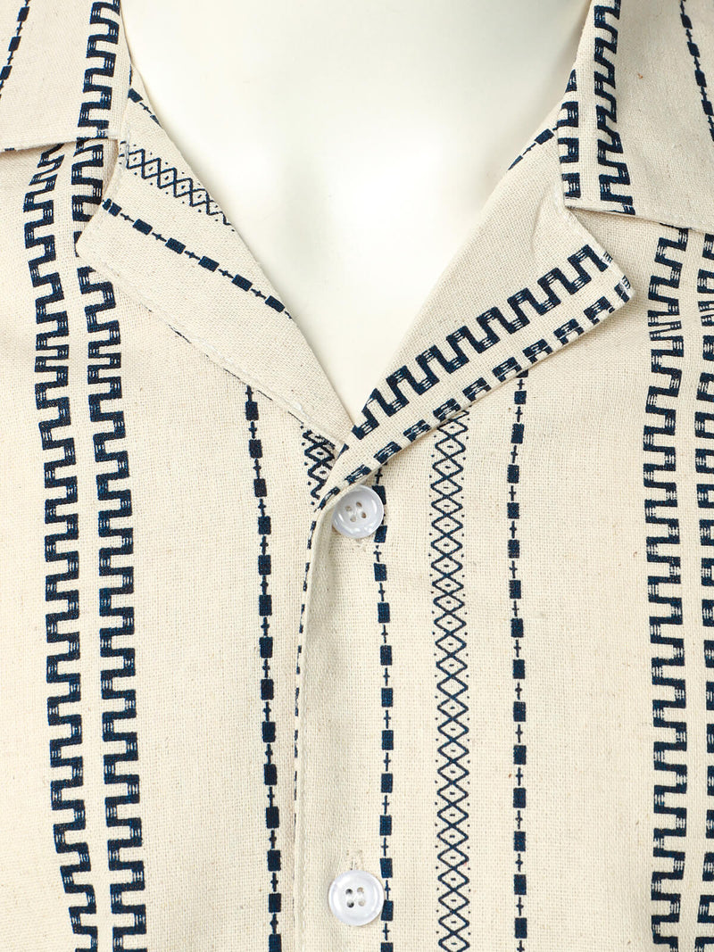 Men's Holiday Camp Collar Striped Print Short Sleeve Button Up Linen Shirt