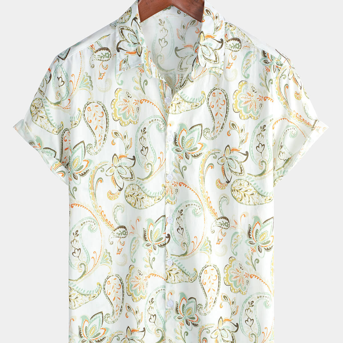 Men's Short Sleeve White Holiday Summer Paisley Floral Button Up Hawaiian Cotton Shirt