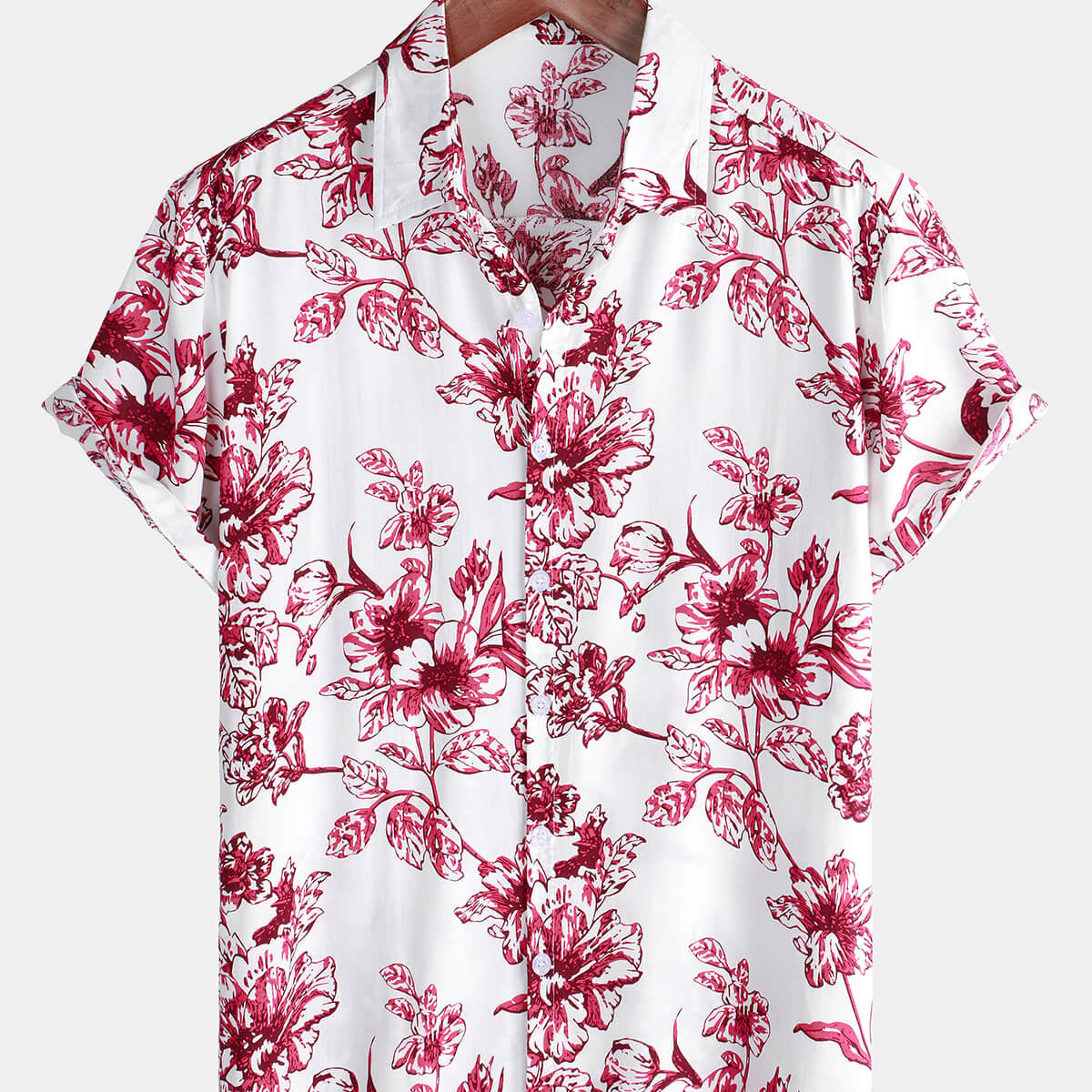 Men's Holiday Cotton Tropical Hawaiian Floral Button Up Red Short Sleeve Shirt