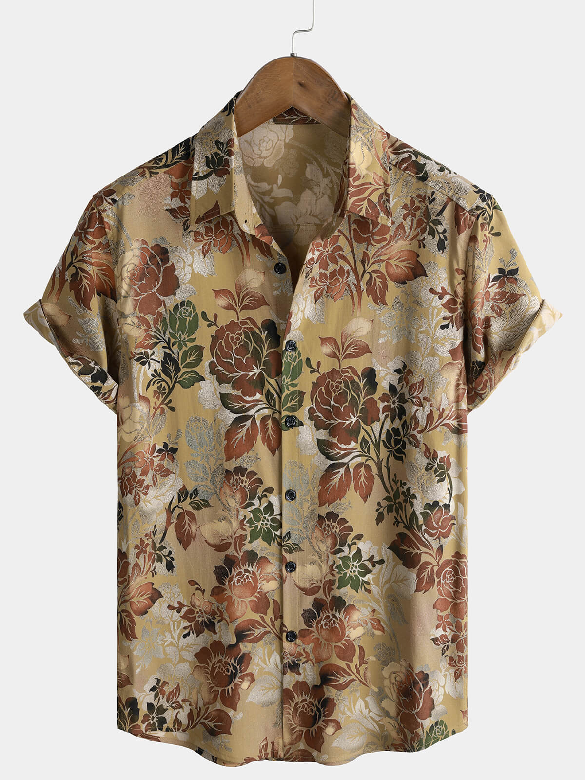 Men's Rayon Rose Print Vintage Casual Short Sleeve Shirt