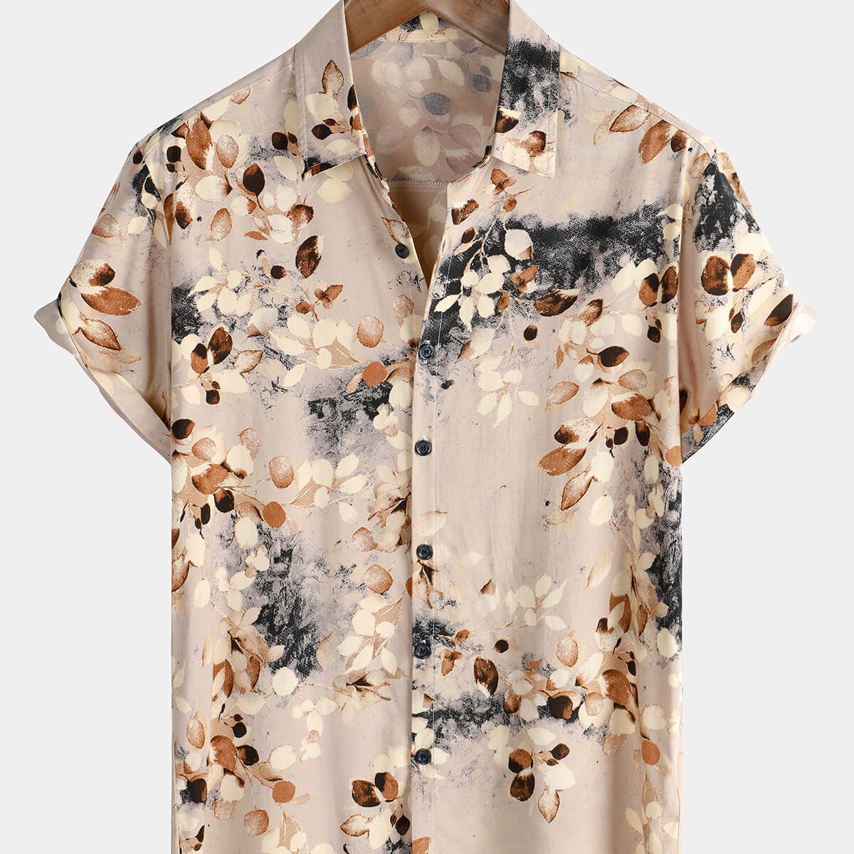 Men's Vintage Beige Holiday Rayon Summer Floral Beach Short Sleeve Shirt