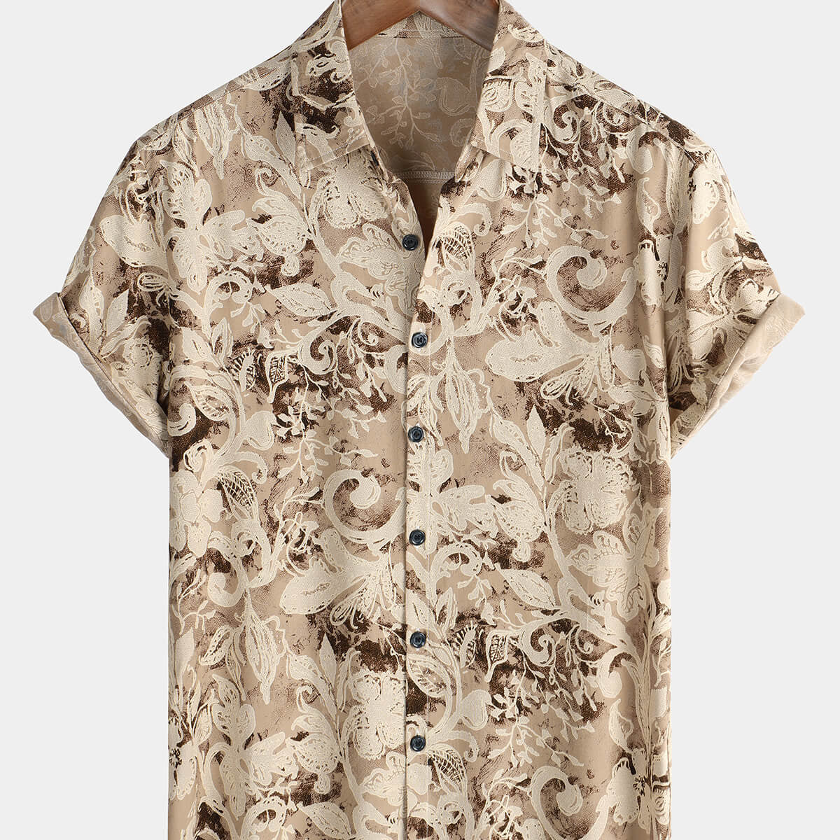 Men's Holiday Vintage Khaki Floral Button Up Rayon Short Sleeve Shirt