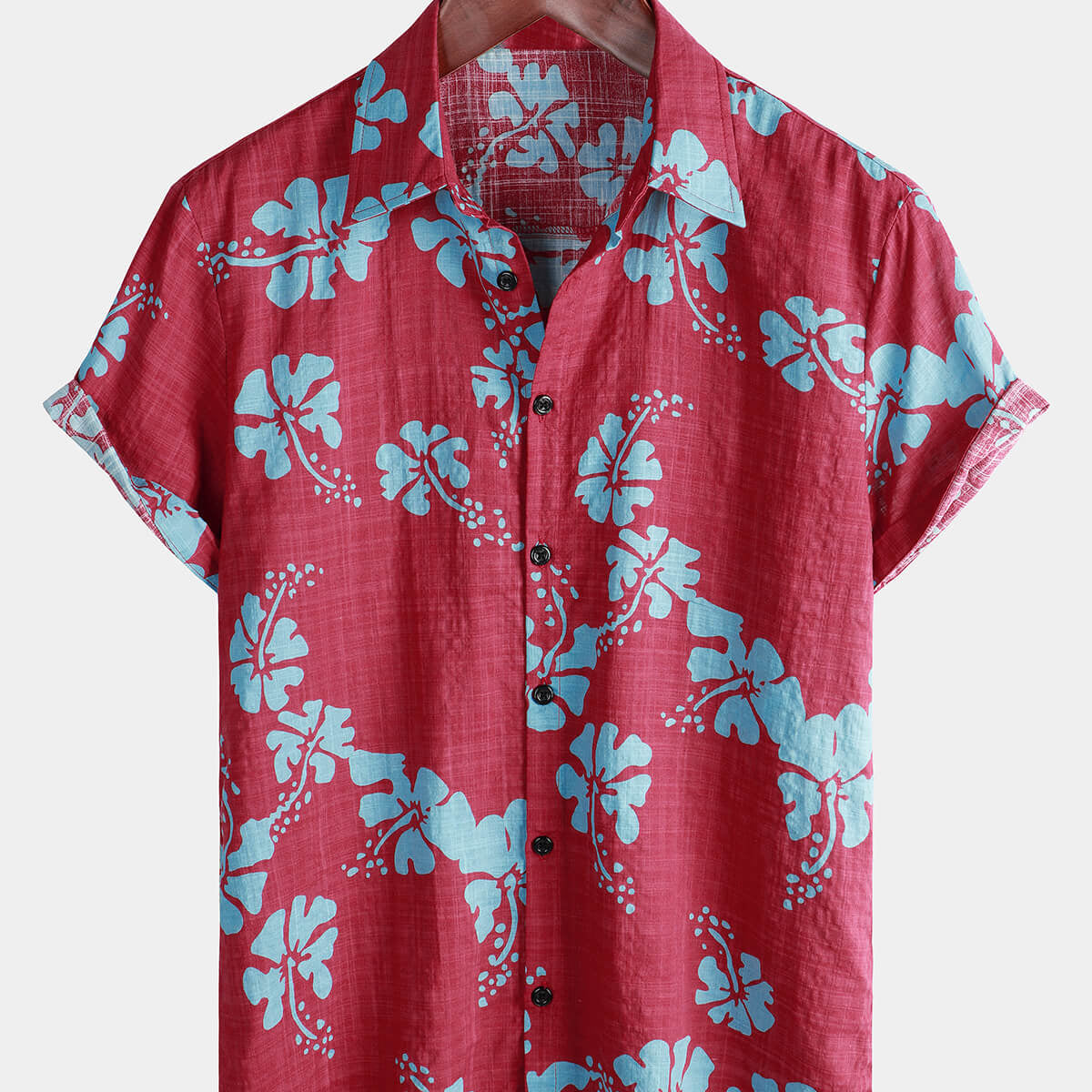 Men's Short Sleeve Red Floral Button Up Beach Tropical Hawaiian Shirt