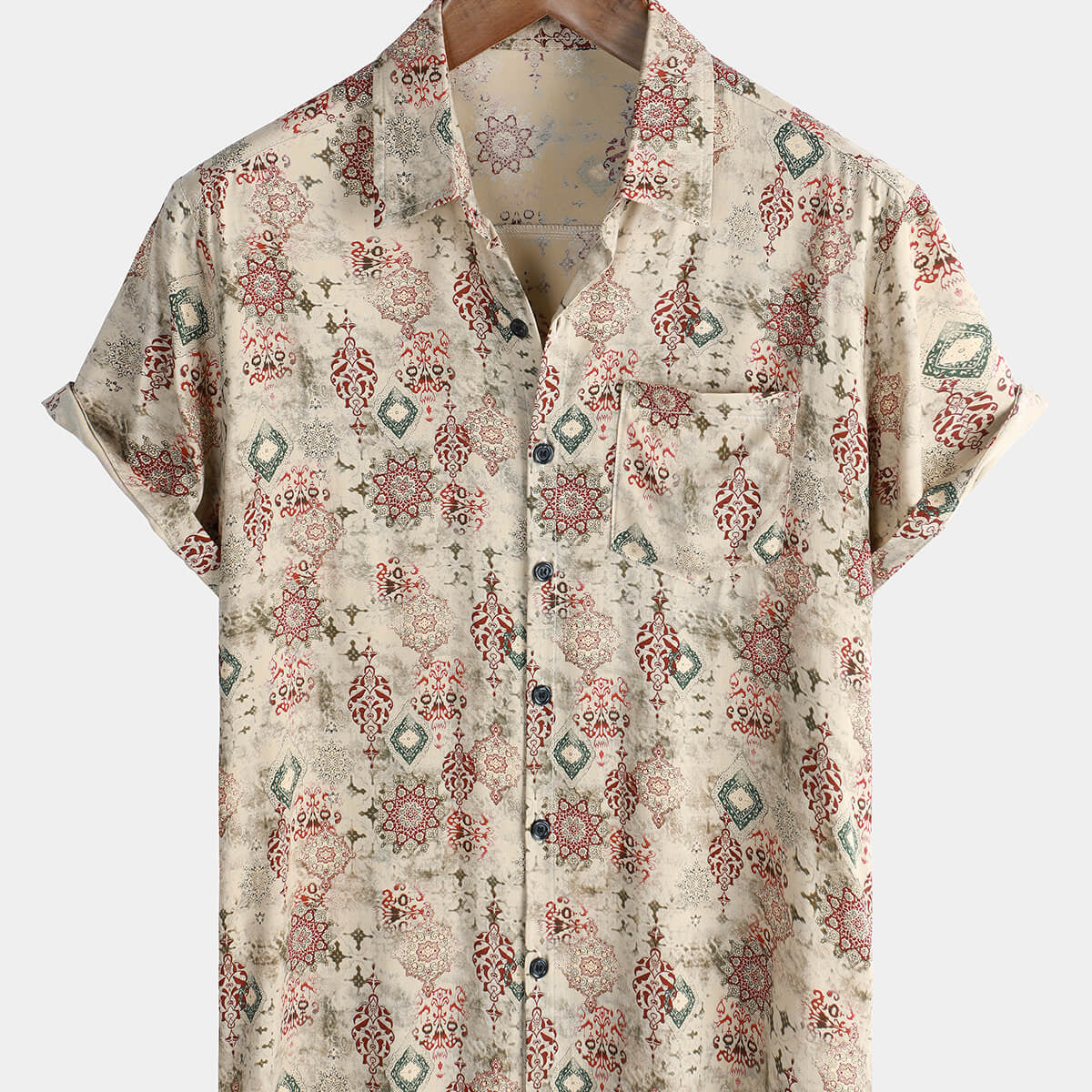 Men's Vintage Beige Pocket Holiday Rayon Holiday Floral Beach Short Sleeve Shirt