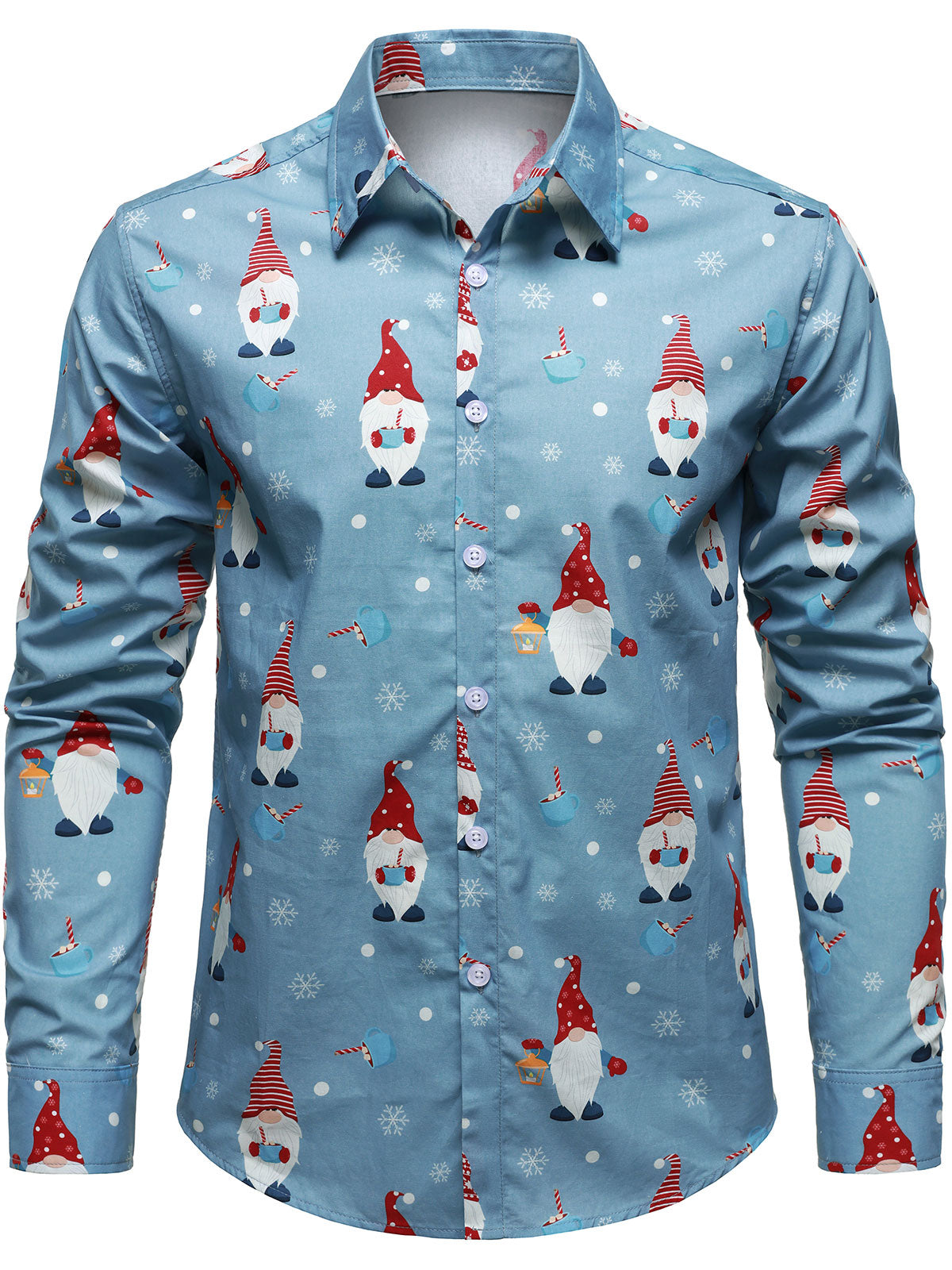 Men's Christmas Blue Cute Gnome Cotton Long Sleeve Shirt