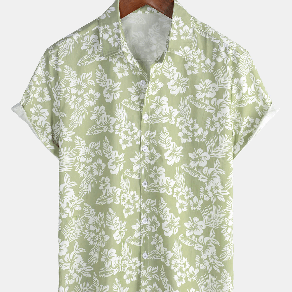 Men's Hawaiian Green Holiday Cotton Summer Floral Button Up Short Sleeve Shirt