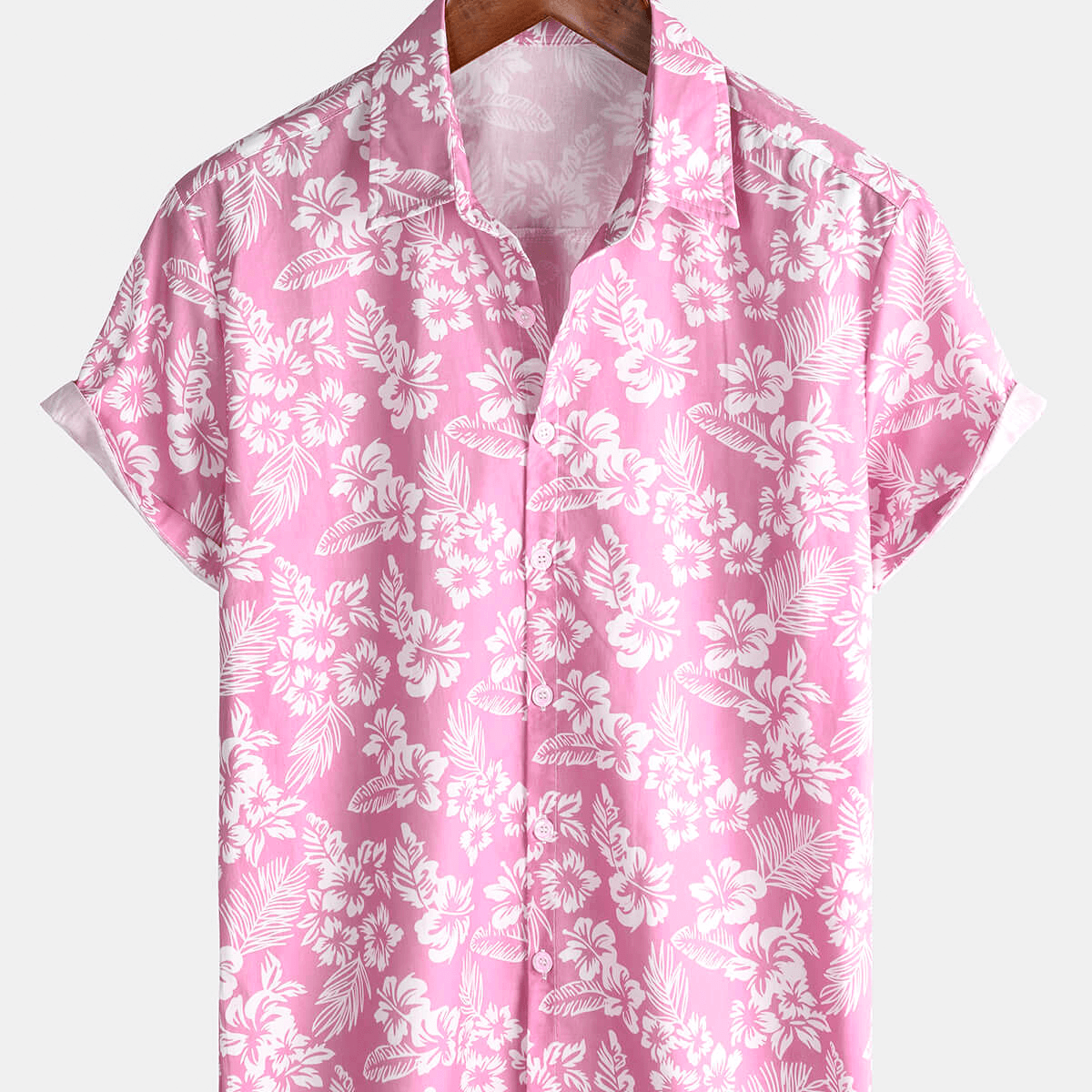 Men's Pink Cotton Hawaiian Floral Button Up Summer Short Sleeve Shirt