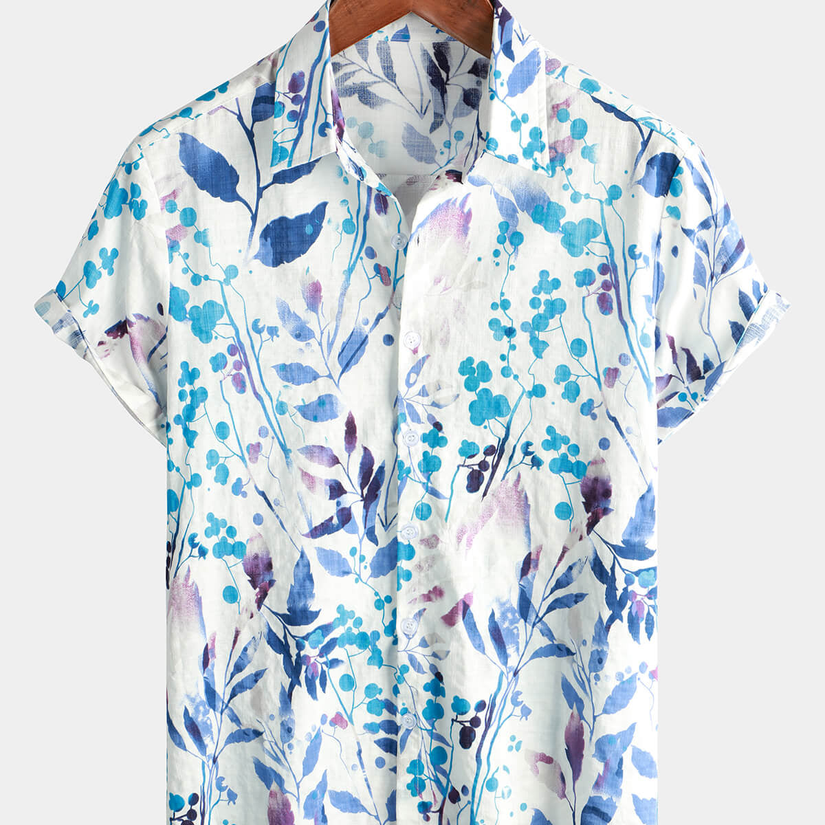 Camisa hawaiana de manga corta Aloha floral azul con botones tropicales de playa de algodón para hombre