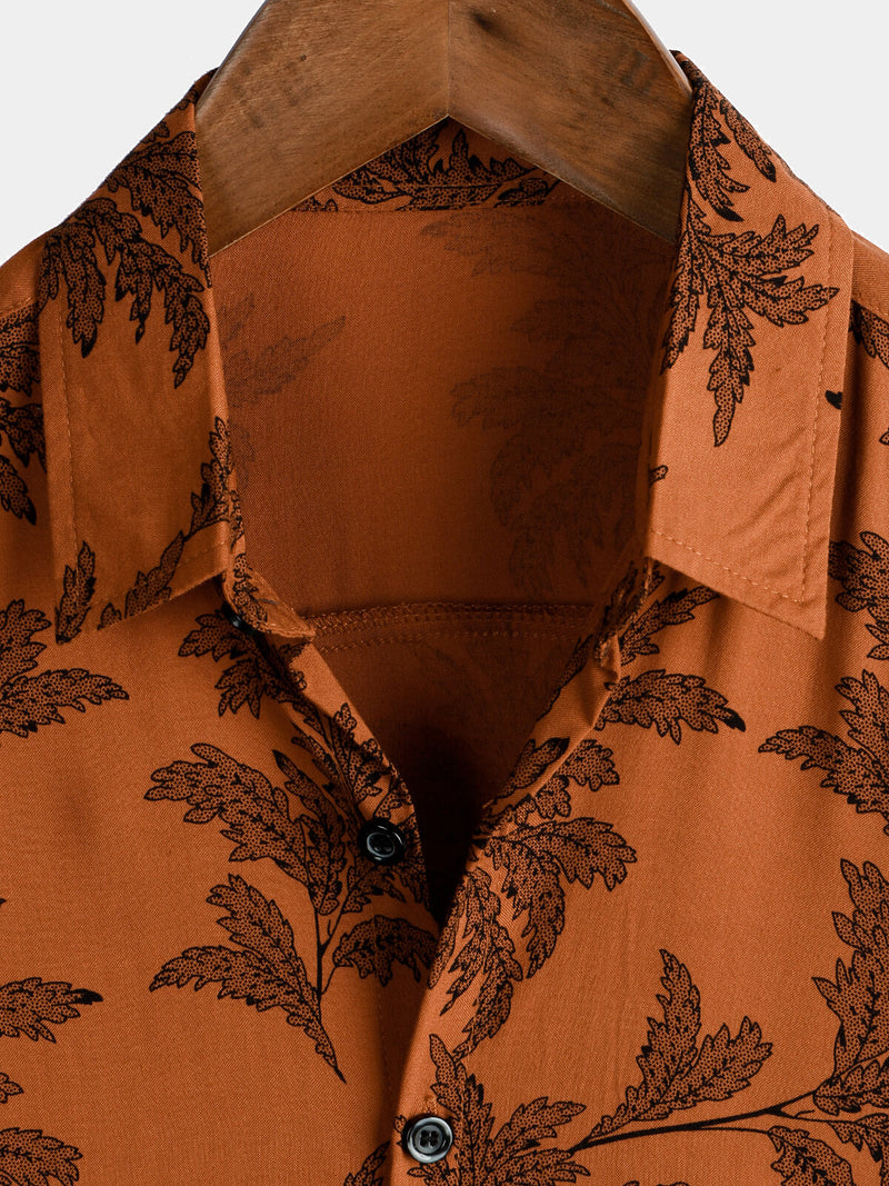 Men's Vintage Brown Plant Floral  Print Flower Holiday Breathable Short Sleeve Button Up Shirt