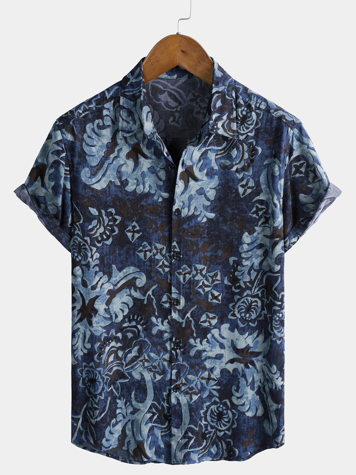 Men's Rayon Blue Floral Print Vintage Casual Short Sleeve Shirt