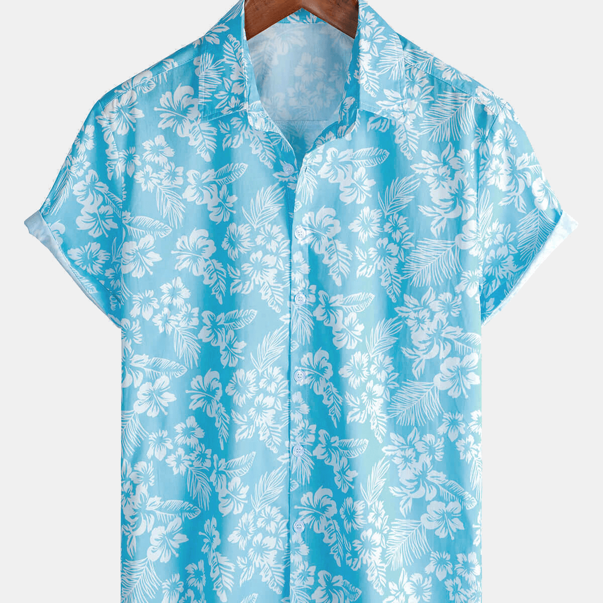 Men's Holiday Blue Hawaiian Floral Button Up Short Sleeve Shirt