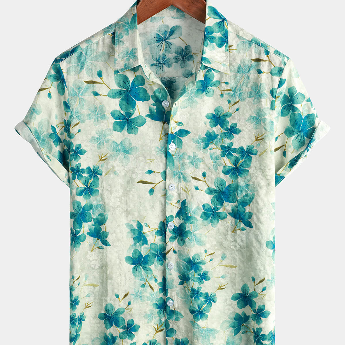 Camisa hawaiana de manga corta con botones y estampado floral verde para hombre