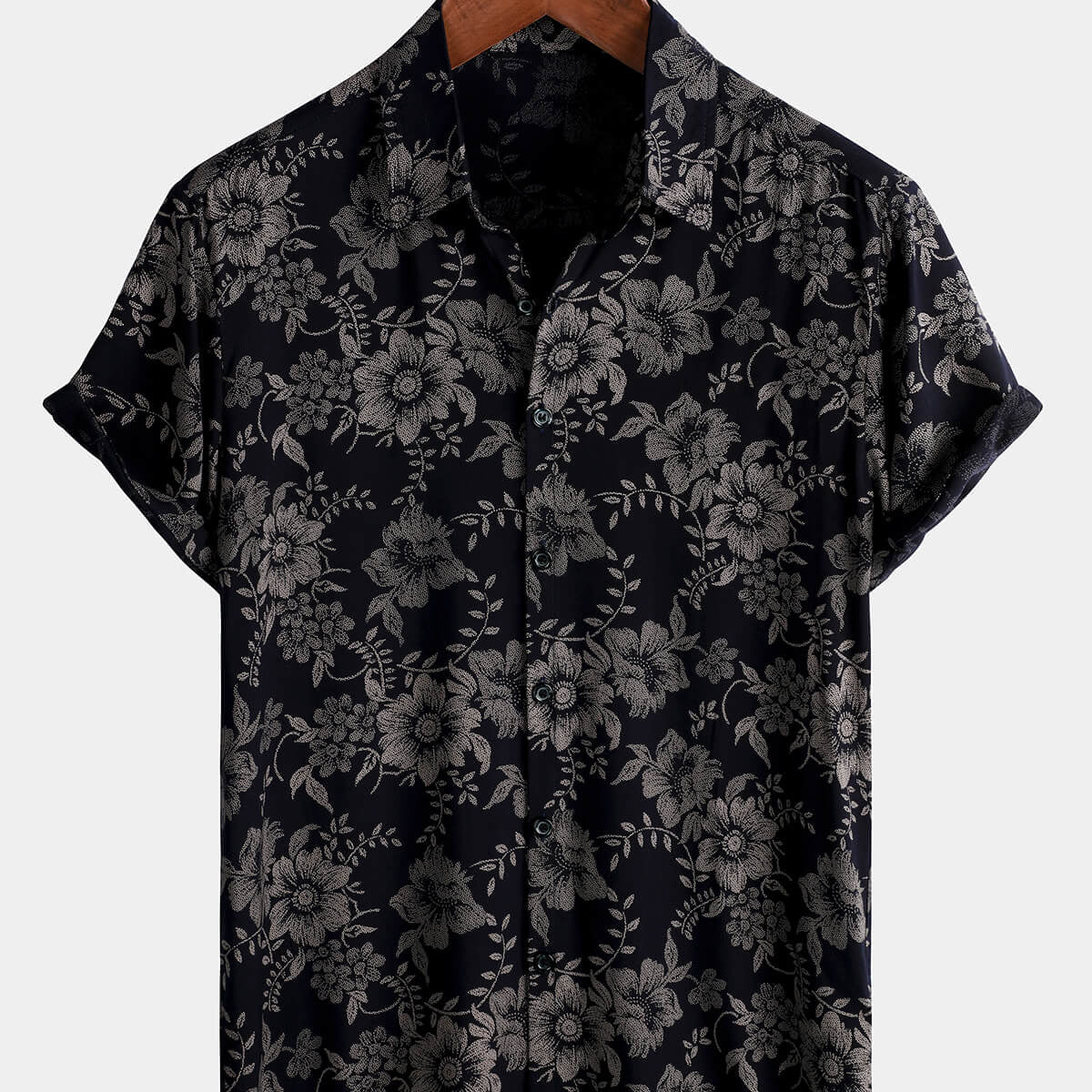 Camisa hawaiana de manga corta azul marino con botones transpirable para vacaciones con flores vintage y estampado floral para hombre