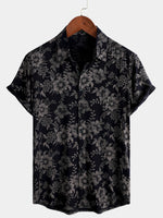 Men's Floral Print Vintage Flower Holiday Breathable Button Up Navy Blue Hawaiian Short Sleeve Shirt