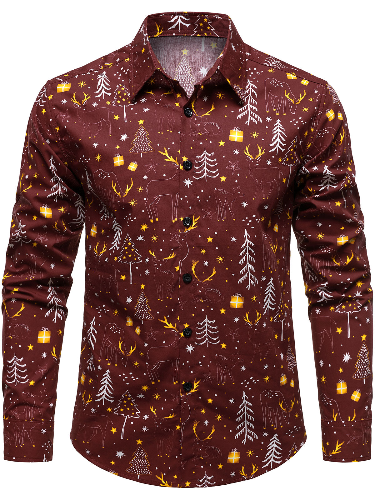 Men's Christmas Tree Funny Festive Reindeer Red Holiday Long Sleeve Shirt