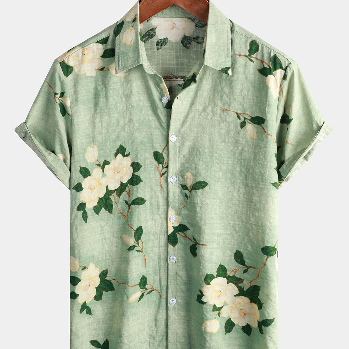 Camisa hawaiana de manga corta con botones de algodón floral vintage verde claro para hombre