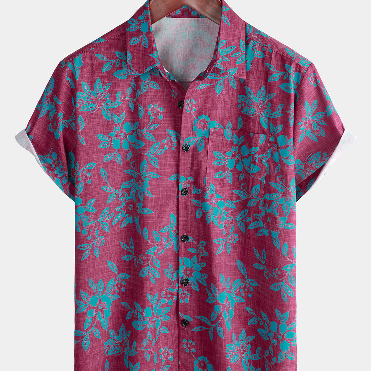 Men's Blue Floral Summer Button Up Cotton Short Sleeve Shirt