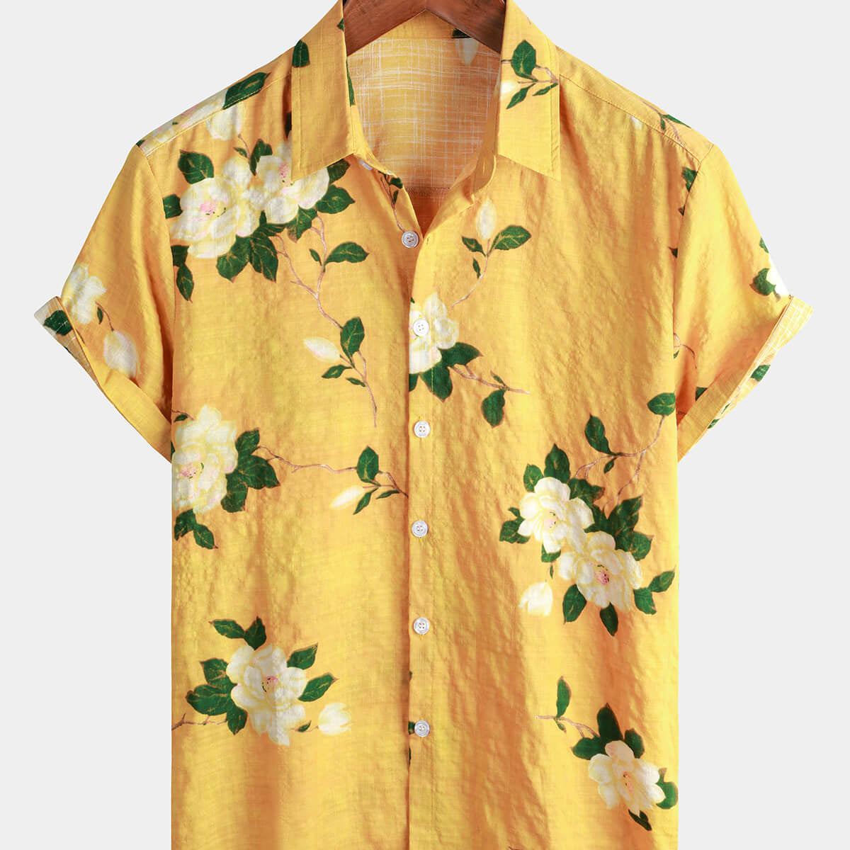Camisa hawaiana de manga corta transpirable de algodón floral vintage amarillo para hombre