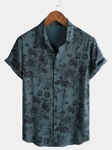 Men's Rayon Vintage Blue Floral Print Vacation Short Sleeve Shirt