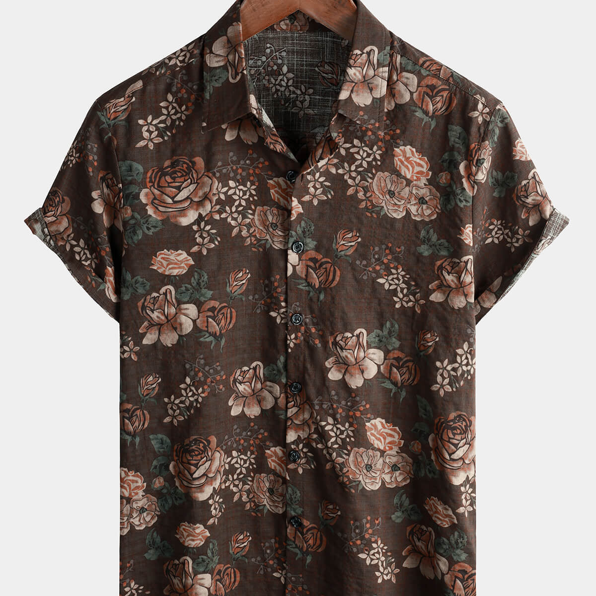 Camisa de manga corta con botones para hombre, estilo hawaiano, floral, vintage, de algodón marrón